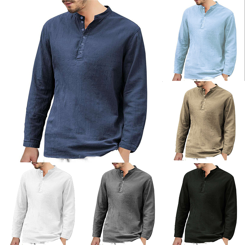 Men's Linen T-shirt Long Sleeve Casual Grandad Shirts Loose Blouse Tops Formal - 图片 13