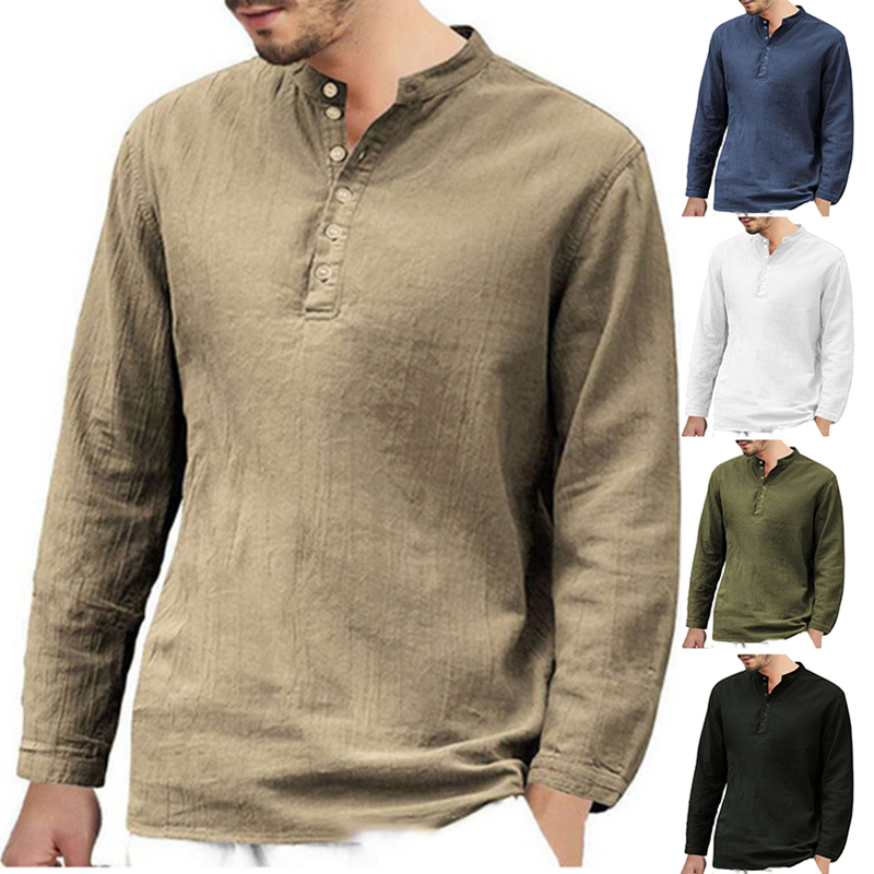 Men's Linen T-shirt Long Sleeve Casual Grandad Shirts Loose Blouse Tops Formal - 图片 15
