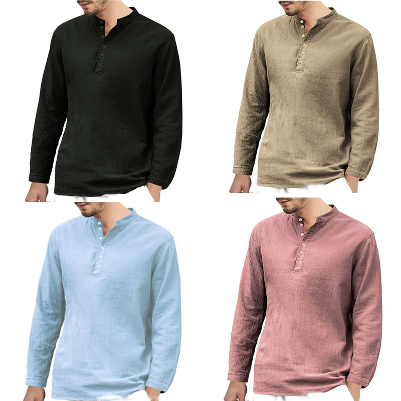 Men's Linen T-shirt Long Sleeve Casual Grandad Shirts Loose Blouse Tops Formal - 图片 19