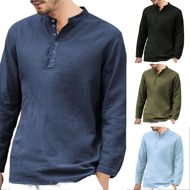 Men's Linen T-shirt Long Sleeve Casual Grandad Shirts Loose Blouse Tops Formal - 图片 22