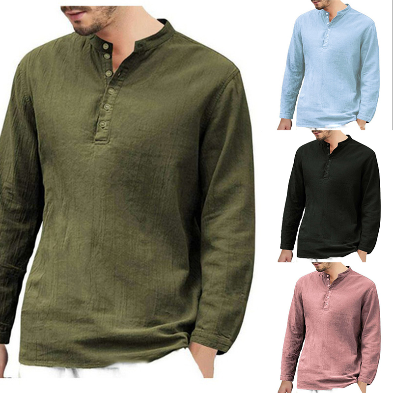 Men's Linen T-shirt Long Sleeve Casual Grandad Shirts Loose Blouse Tops Formal - 图片 23