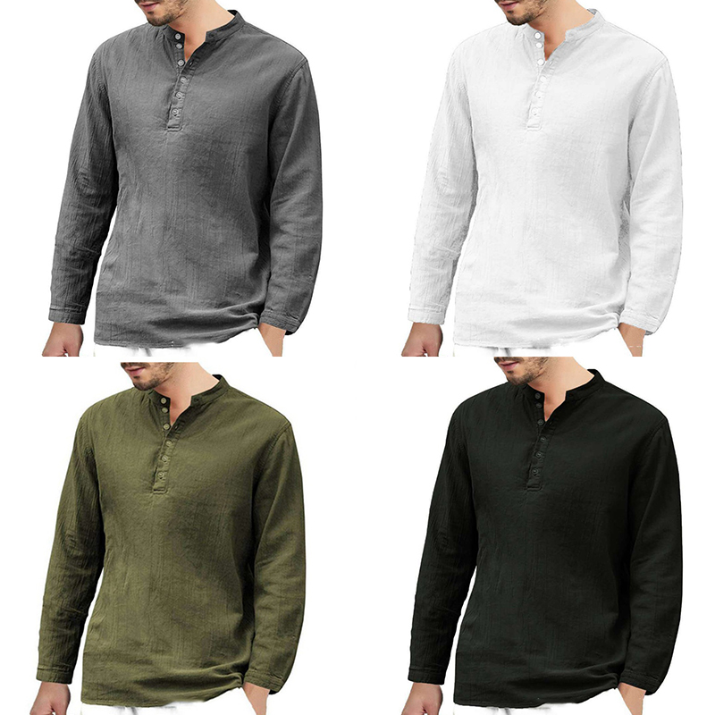 Men's Linen T-shirt Long Sleeve Casual Grandad Shirts Loose Blouse Tops Formal - 图片 14