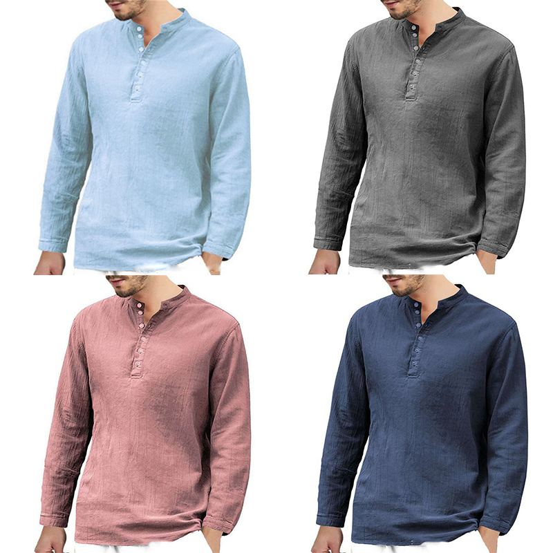 Men's Linen T-shirt Long Sleeve Casual Grandad Shirts Loose Blouse Tops Formal - 图片 18