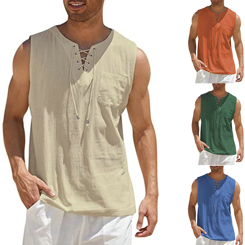 2024 Cross-Border Amazon Hot Sale New Men's Vest Shirt Lace-up Fashion Solid Color Cotton Linen Short Sleeve T-shirt - 图片 25