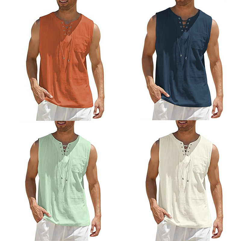 2024 Cross-Border Amazon Hot Sale New Men's Vest Shirt Lace-up Fashion Solid Color Cotton Linen Short Sleeve T-shirt - 图片 26
