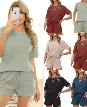 Women's Clothing Short-Sleeved Home Wear Solid Color Casual Waffle Two-Piece Suit