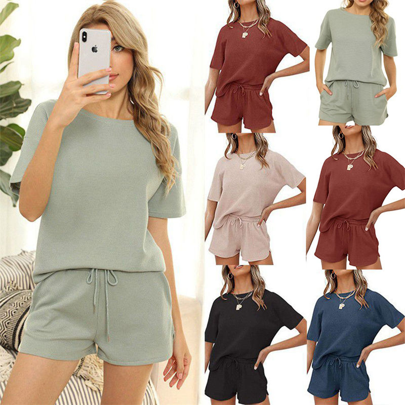 Women's Clothing Short-Sleeved Home Wear Solid Color Casual Waffle Two-Piece Suit