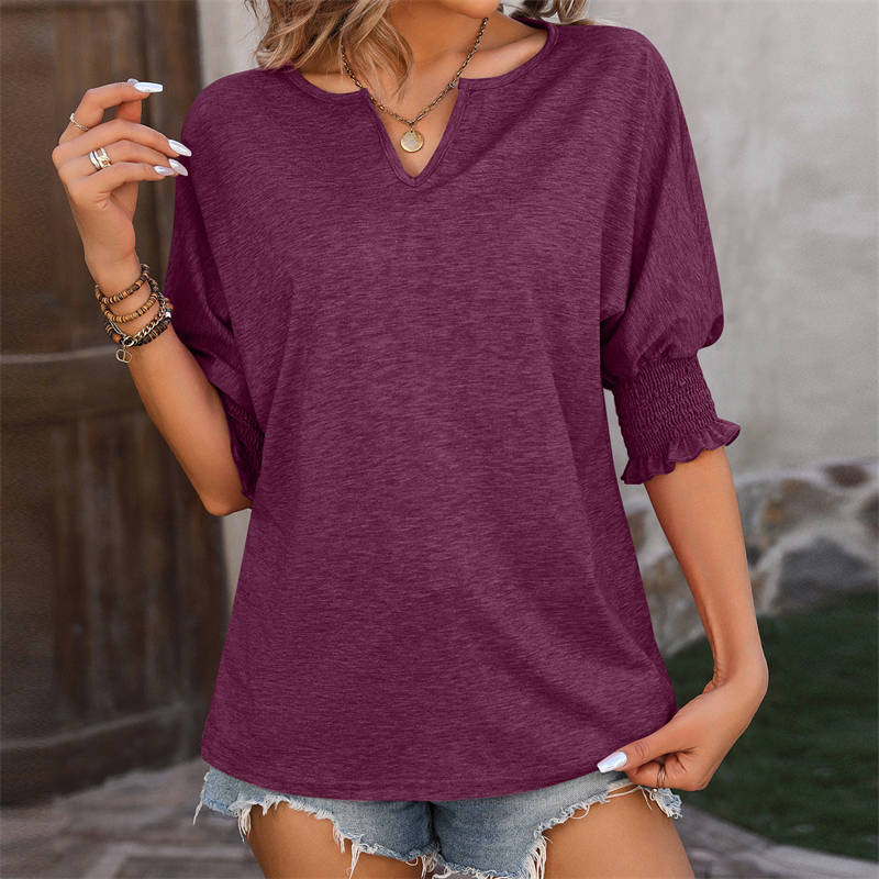 Women's Clothing Summer Loose V-neck Batwing Sleeve Smocking Color Cotton T-shirt - Image 13