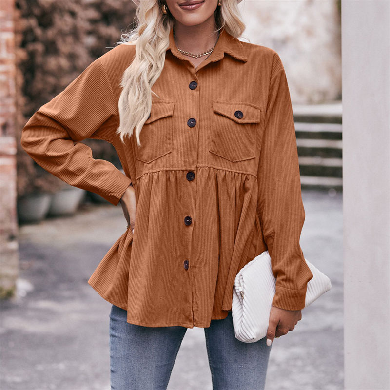 Women Clothing Solid Color Button Leisure Doll Shirt Babydoll Corduroy T-Shirt Casual Top - 图片 6