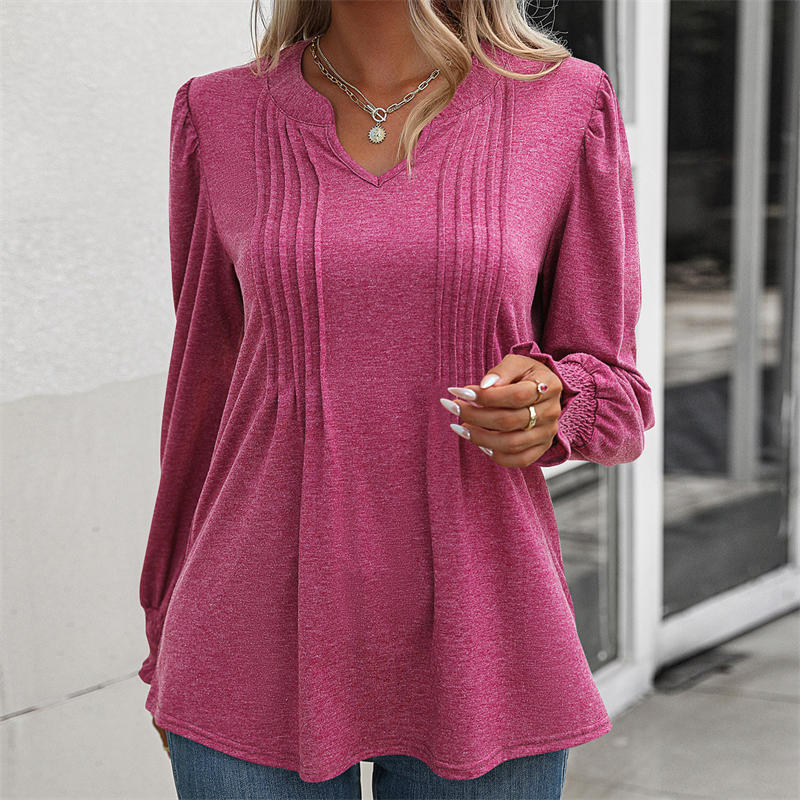 Women's Clothing Solid Color Casual Top Puff Sleeve Smocking V-neck Long Sleeve T-shirt - Image 8