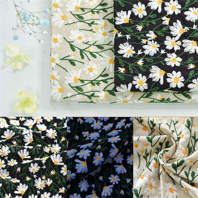 Ramie Cotton Embroidered Cloth Little Daisy Embroidery Handmade Fashion Fabric - 图片 3