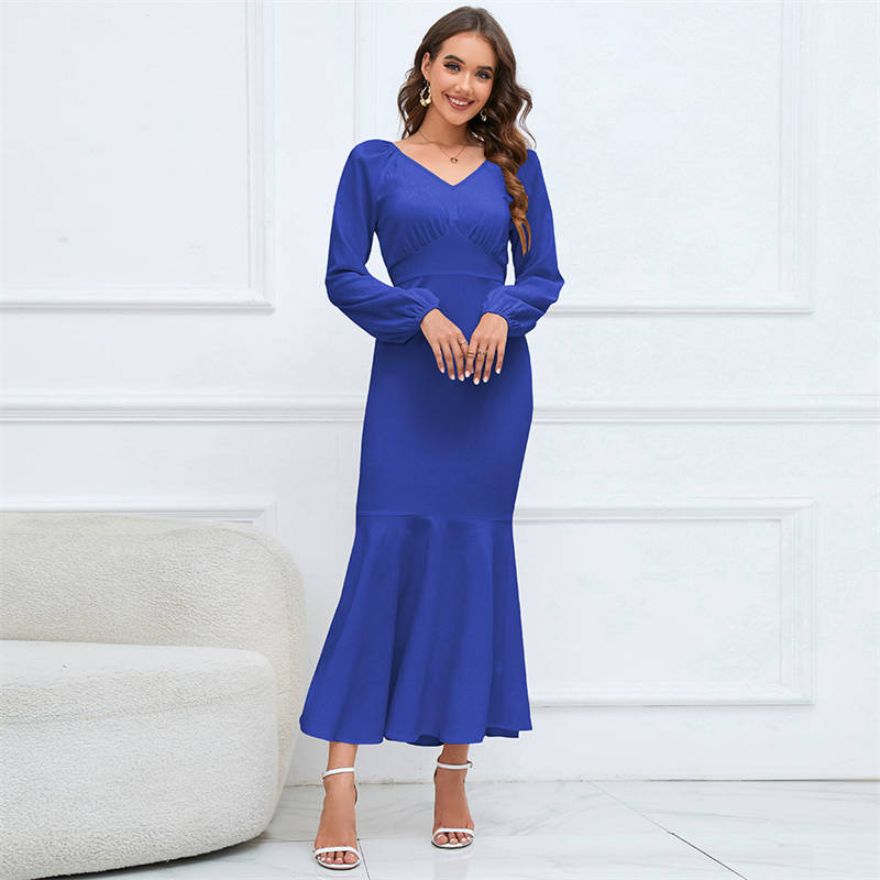 Women's Clothing V-neck Long-Sleeved Fishtail Dress Waist Slim Temperament Long Dress plus Size - 图片 3
