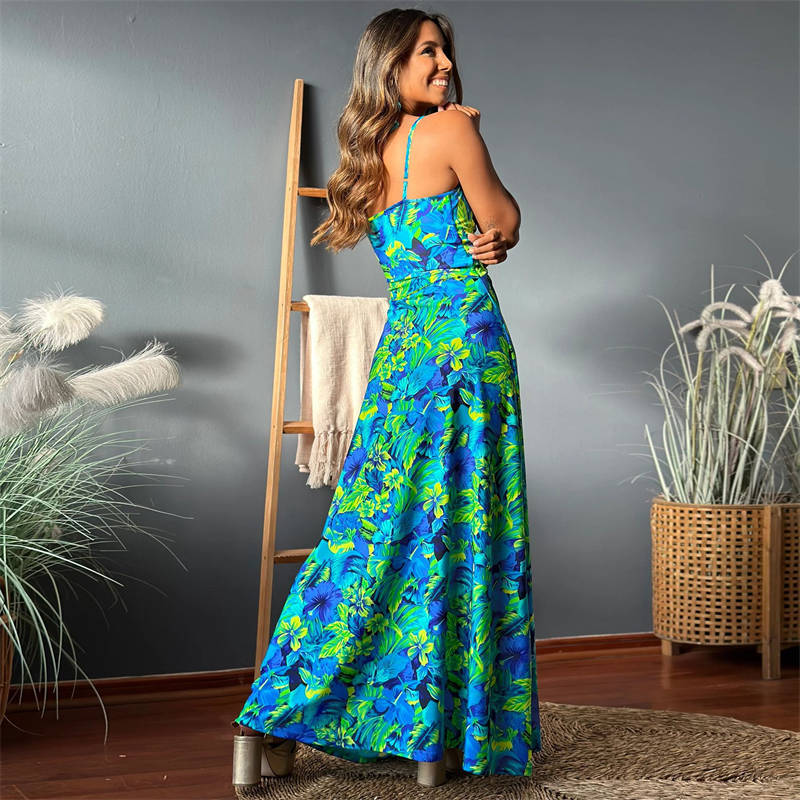 Fashion Women's Wear V-neck Printing Elegant A Swing Long Halter Dress - Image 3