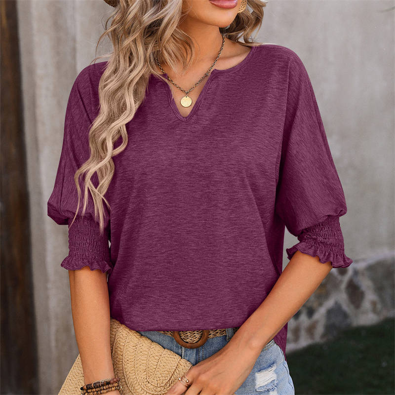 Women's Clothing Summer Loose V-neck Batwing Sleeve Smocking Color Cotton T-shirt - Image 14