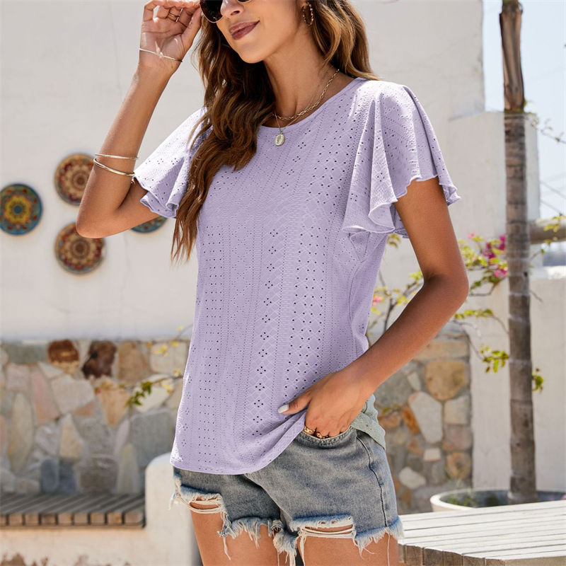 Summer T-shirt Hollow Waist Ruffle Sleeve Casual Top Short Sleeved T-shirt - Image 14