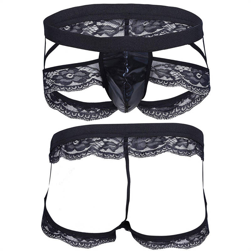 Sexy Lingerie Popular Men's Lace Three-Point Underwear Leather Panties - Image 3