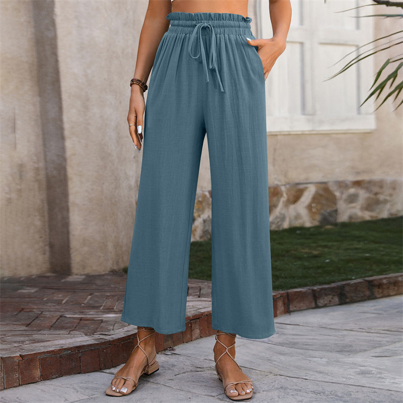 Women's Clothing Spring Casual Solid Color Loose Cotton and Linen High Waist Wide Leg Trousers - Image 5