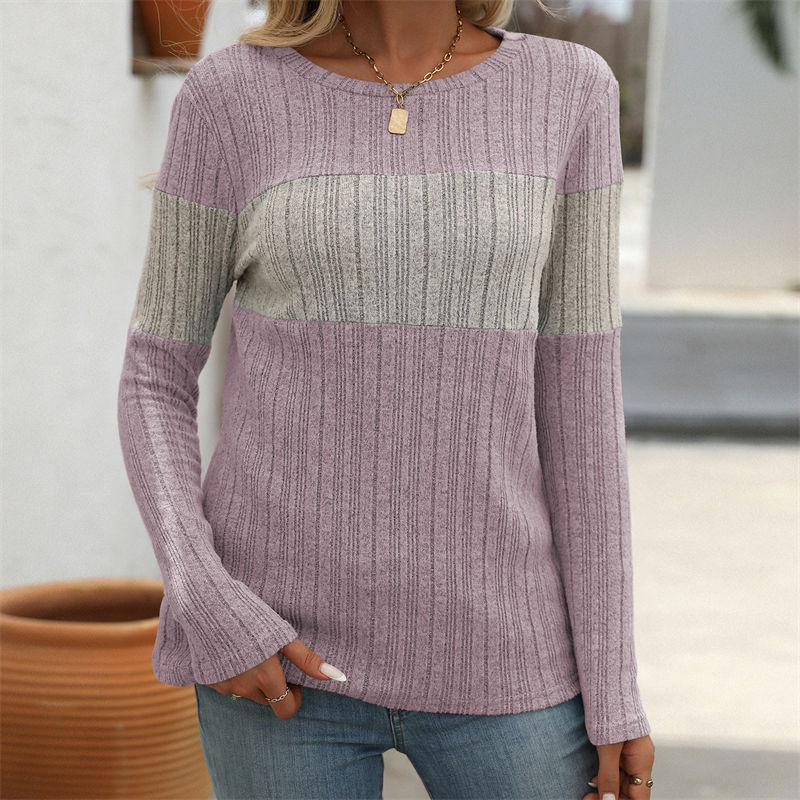 Women's Clothing Casual Multicolor Sunken Stripe T-shirt Long Sleeves Round Beck Top - Image 6