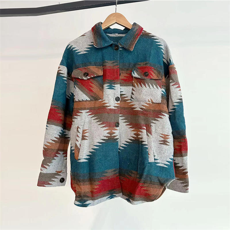 Women's Geometric Jacket Shirt Lapel Woolen Coat Long-Sleeved Loose Coat - 图片 5