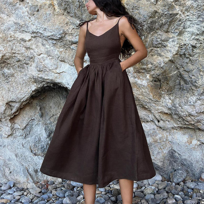 Women's Pure Cotton V-neck Skirt with Shoulder Straps Elegant Sexy Lace-up Backless Dress - 图片 3