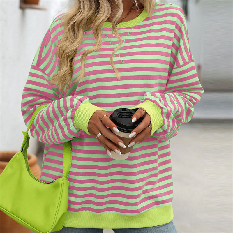 Color Striped round Neck Loose Sweatshirt Sweater for Women Long Sleeve Blouse - 图片 10