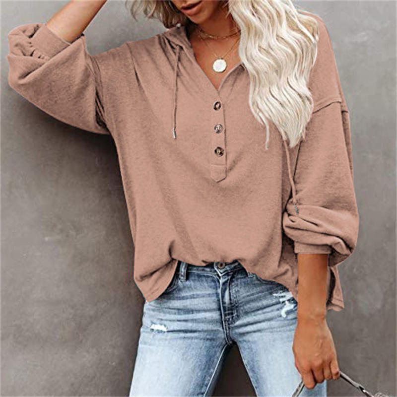 Fashion Casual Loose Solid Color Hoodie Sweater Buttons Long Sleeve Blouse - Image 3