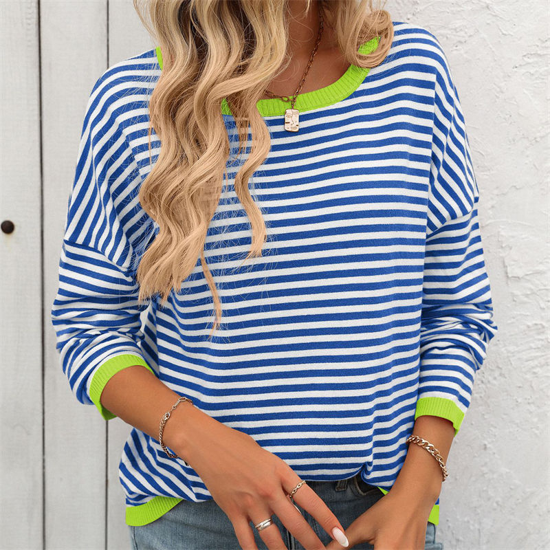 Women's Clothing Round Neck Striped Contrast Color Long Sleeves Casual Sweater - Image 7