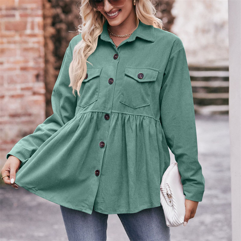 Women Clothing Solid Color Button Leisure Doll Shirt Babydoll Corduroy T-Shirt Casual Top - 图片 7