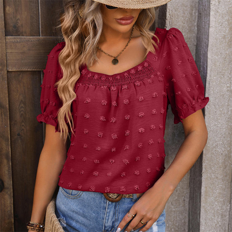 Chiffon Fur Ball Short-Sleeved Shirt Square Collar Smocking T-Shirt Solid Color Top - Image 7