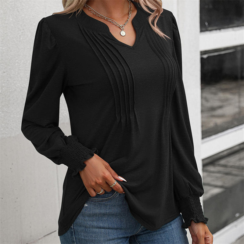 Women's Clothing Solid Color Casual Top Puff Sleeve Smocking V-neck Long Sleeve T-shirt - Image 10