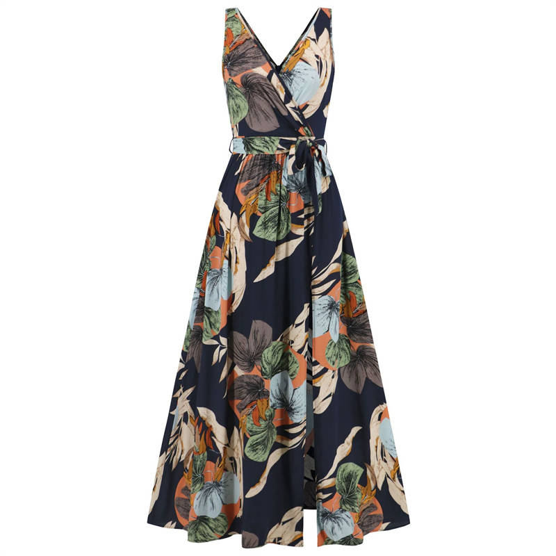 Summer Women Clothing V-neck Sleeveless Slit Printed Long Sling Dress - 图片 4