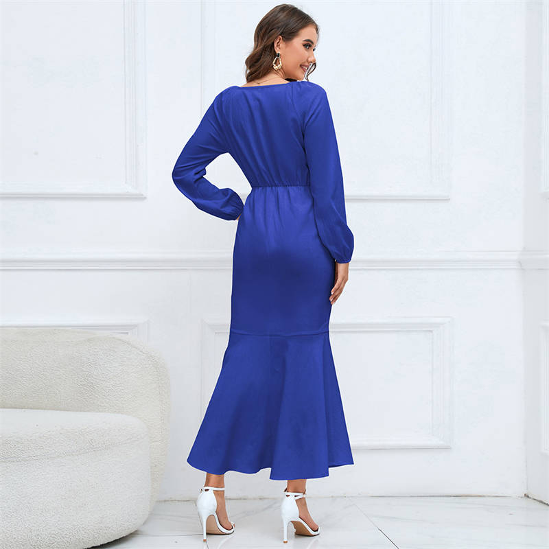 Women's Clothing V-neck Long-Sleeved Fishtail Dress Waist Slim Temperament Long Dress plus Size - 图片 4