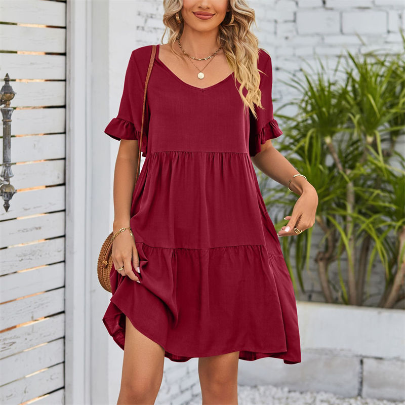 Women's Clothes Summer Casual V-neck Three-Layer Pleated Dress Short Sleeved Skirt - Image 3