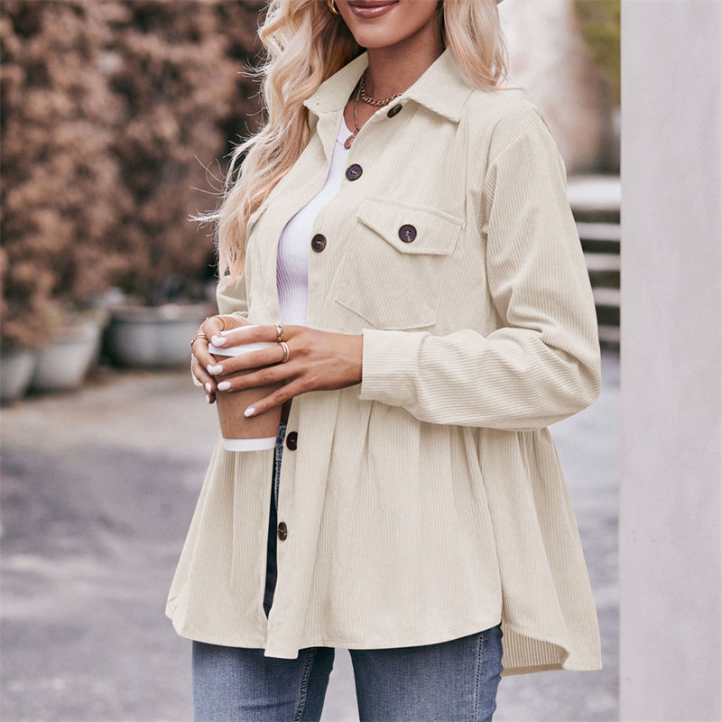 Women Clothing Solid Color Button Leisure Doll Shirt Babydoll Corduroy T-Shirt Casual Top - 图片 8