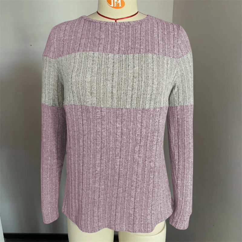 Women's Clothing Casual Multicolor Sunken Stripe T-shirt Long Sleeves Round Beck Top - Image 5