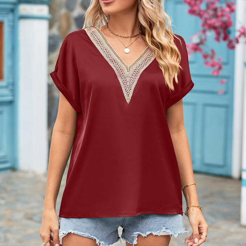 Women's Clothing V-neck Lace Satin Short Sleeve Shirt Batwing Sleeve Top - Image 10