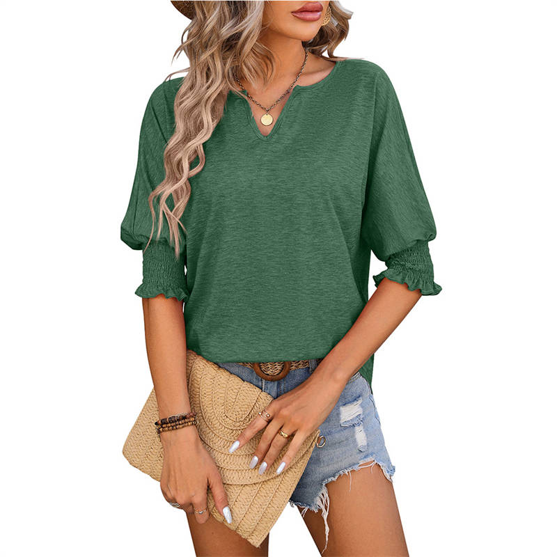 Women's Clothing Summer Loose V-neck Batwing Sleeve Smocking Color Cotton T-shirt - Image 4