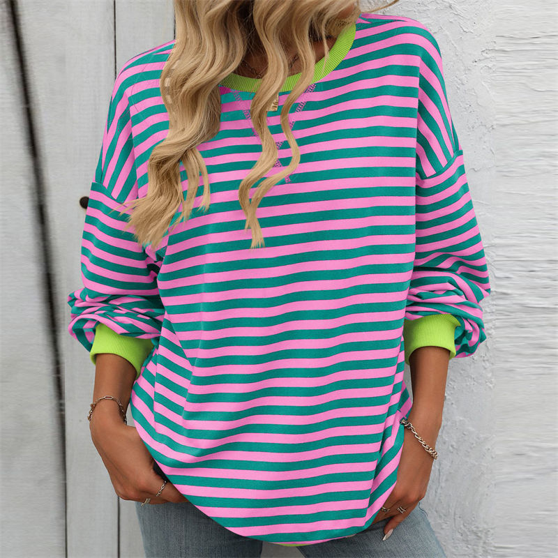 Color Striped round Neck Loose Sweatshirt Sweater for Women Long Sleeve Blouse - 图片 11