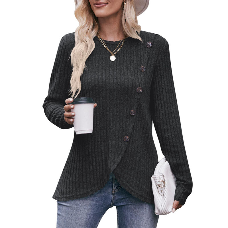 Women's Round-Neck Blouse Sunken Stripe Brushed Solid Color Button T-Shirt - Image 5