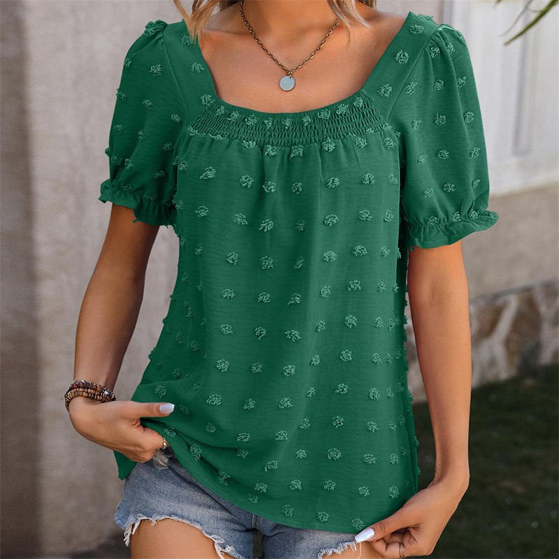 Chiffon Fur Ball Short-Sleeved Shirt Square Collar Smocking T-Shirt Solid Color Top - Image 8