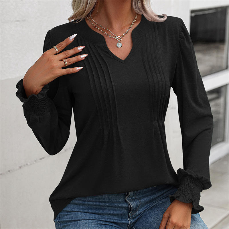 Women's Clothing Solid Color Casual Top Puff Sleeve Smocking V-neck Long Sleeve T-shirt - Image 11