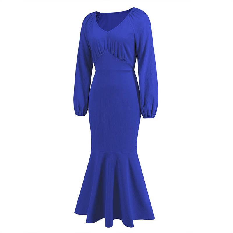 Women's Clothing V-neck Long-Sleeved Fishtail Dress Waist Slim Temperament Long Dress plus Size - 图片 5