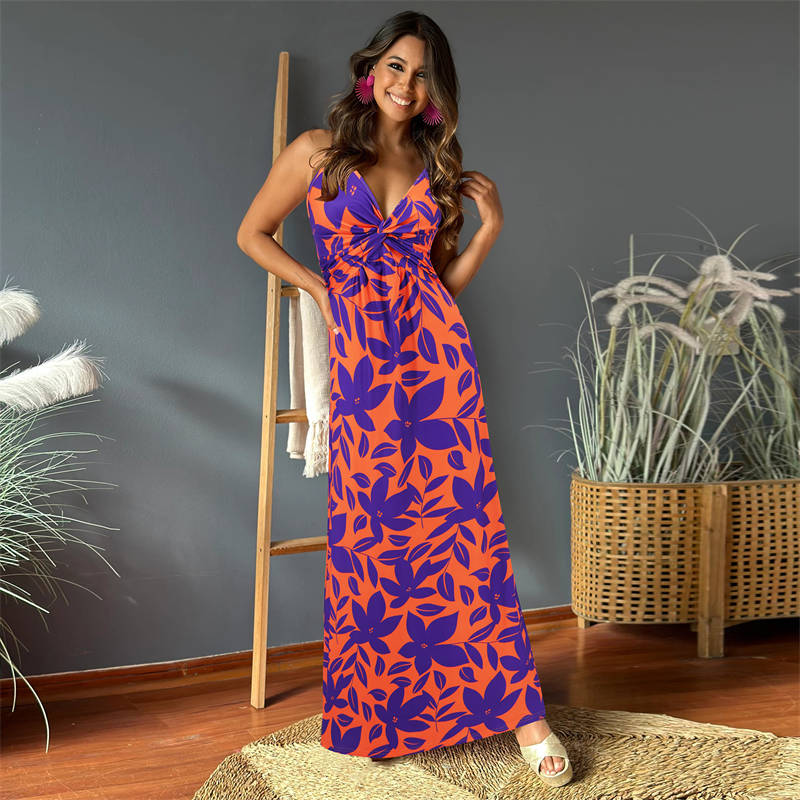 Fashion Women's Wear V-neck Printing Elegant A Swing Long Halter Dress - Image 5