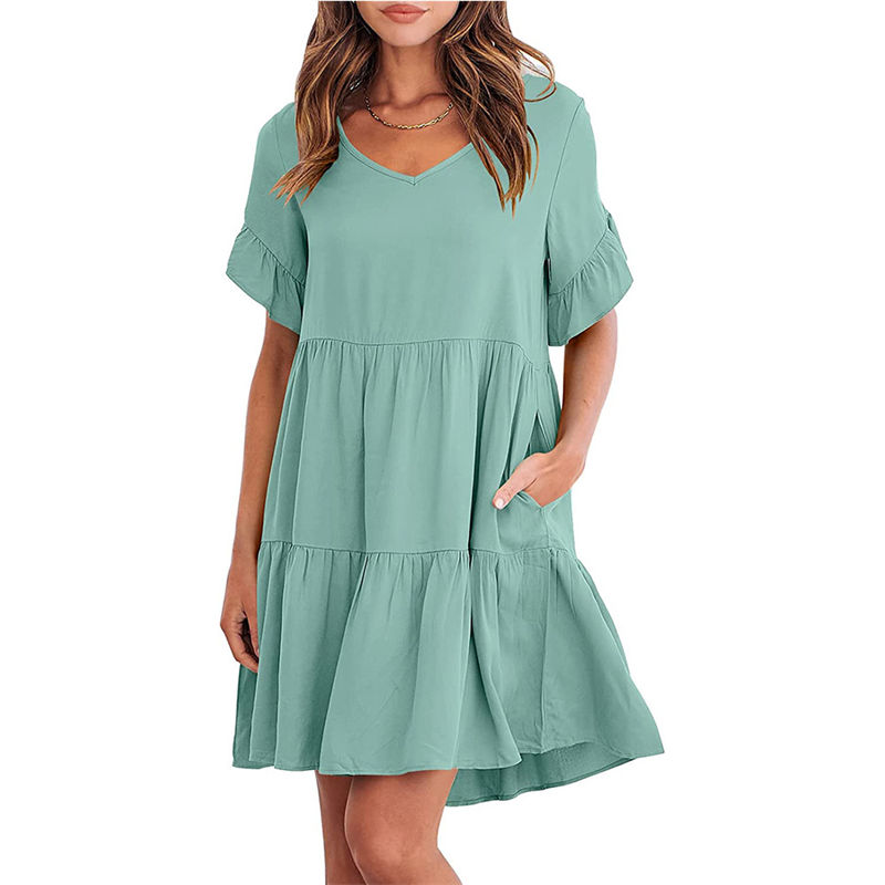 Women's Clothes Summer Casual V-neck Three-Layer Pleated Dress Short Sleeved Skirt - Image 4