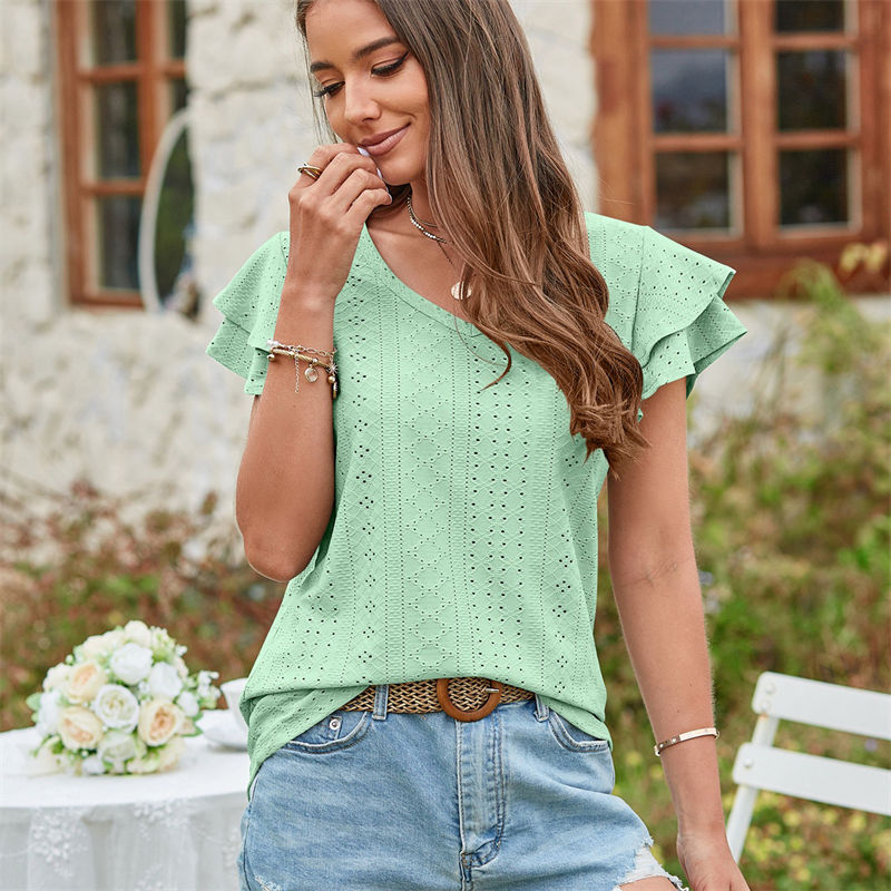 Summer Women's Clothing T-shirt Hole Hollow-out Ruffle Sleeve Casual Top - Image 4