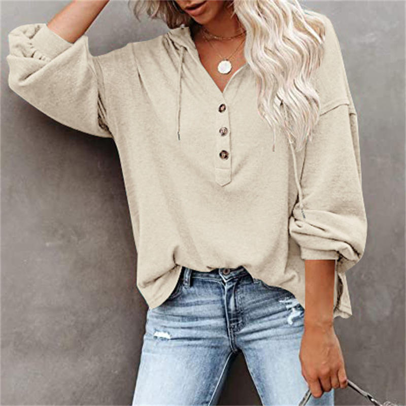 Fashion Casual Loose Solid Color Hoodie Sweater Buttons Long Sleeve Blouse - Image 5