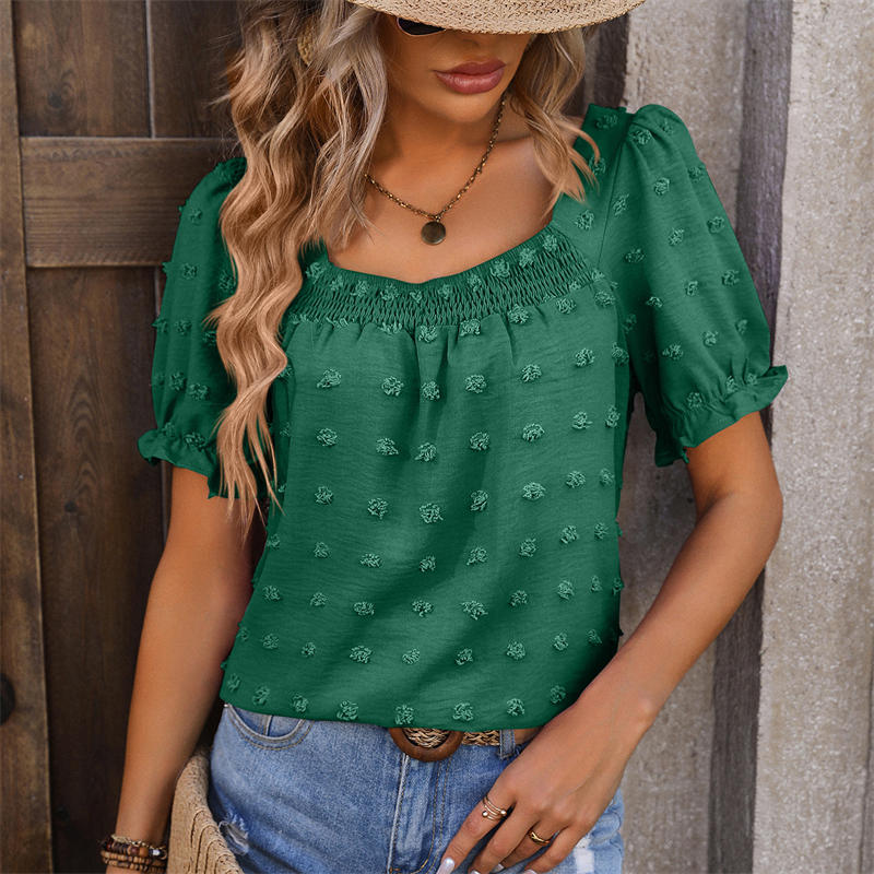 Chiffon Fur Ball Short-Sleeved Shirt Square Collar Smocking T-Shirt Solid Color Top - Image 9