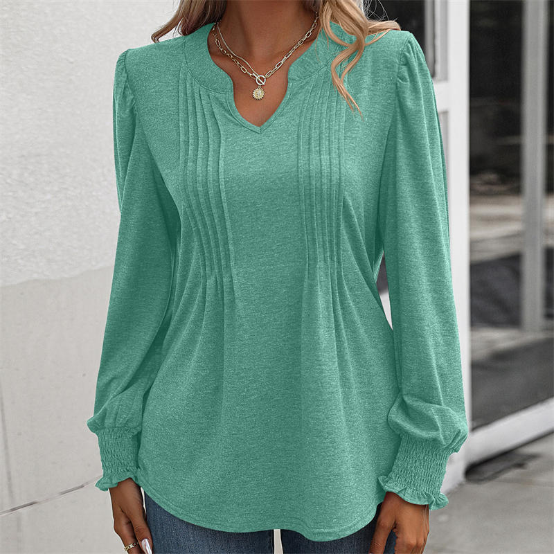 Women's Clothing Solid Color Casual Top Puff Sleeve Smocking V-neck Long Sleeve T-shirt - Image 12