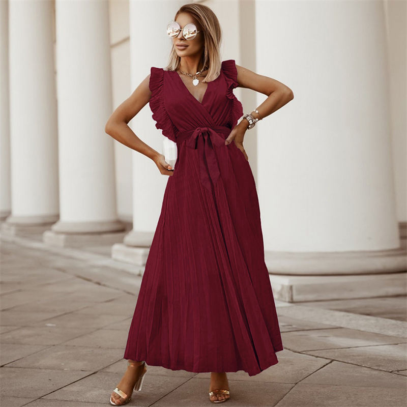 Temperament Beach Long Dress Fashion Slim Sexy Ruffle Sleeve Chiffon Pleated Skirt Solid Color Dress - Image 4