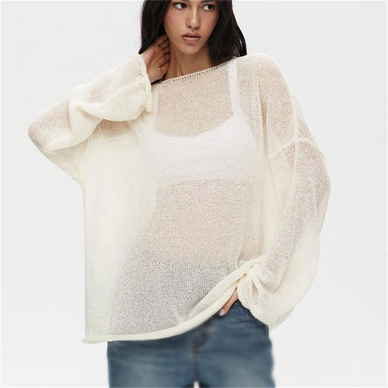 Hollow Sweater Women's See-through Thin Round Neck Long Sleeve Knitted T-shirt - Image 5